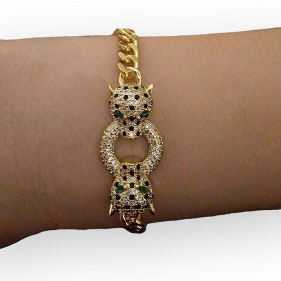 Classic Leopard Green Eye Black Cubic Zirconia 18k Gold Filled Bracelet - Picture 4 of 4